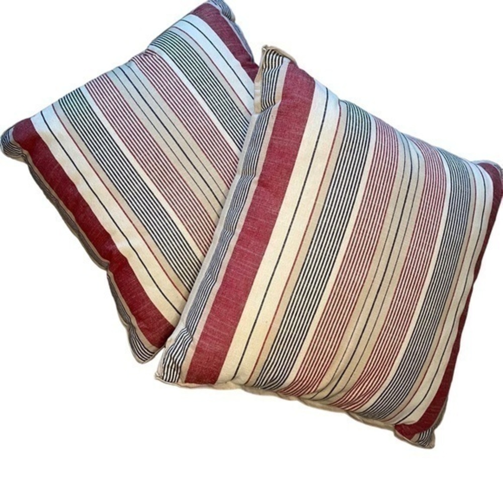 Crate&Barrel Red Black Tan Stripe Linen Nautical Preppy Accent Pillows Set of 2
